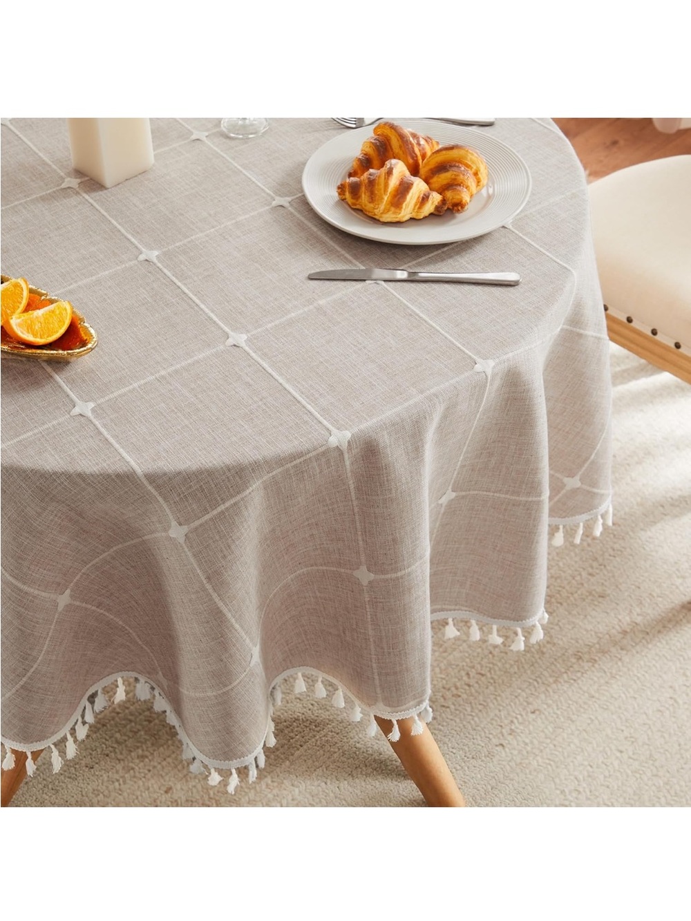 NEW ZeeMart Boho Grid Table Cloth with Tassels (Taupe, 60" Round)